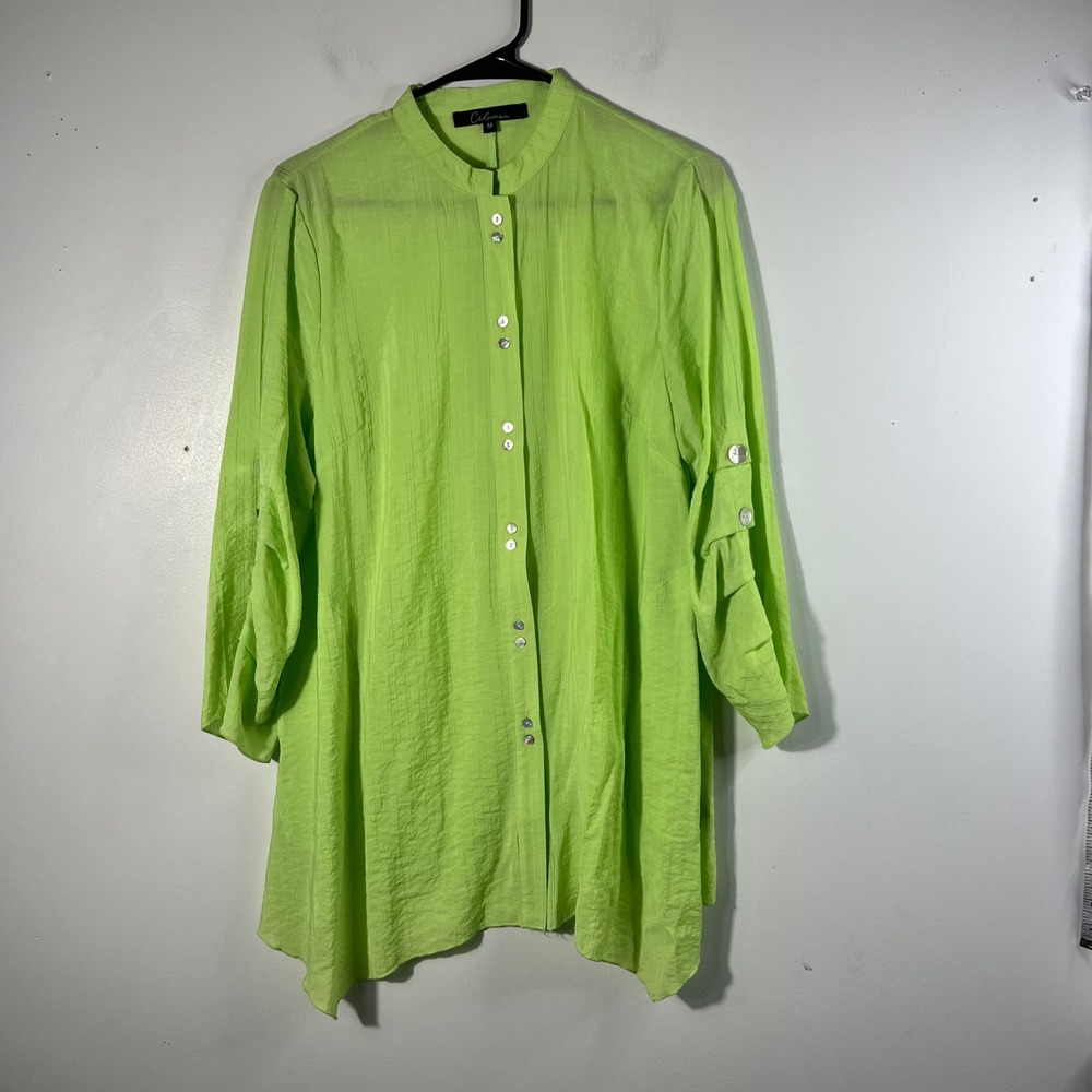 Calessa Button Lagenlook Tunic 3/4 Sleeve Mandarin Button Detail Lime Green M